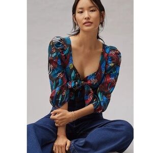 Anthropologie Eva Franco Blue Tropical Sweetheart Neck Blouse Puff Sleeve NWT 8